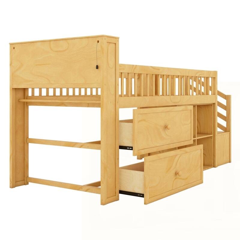 Loft Bed with LED and Bookshelf, Wood Low Loft Bed with Stairs