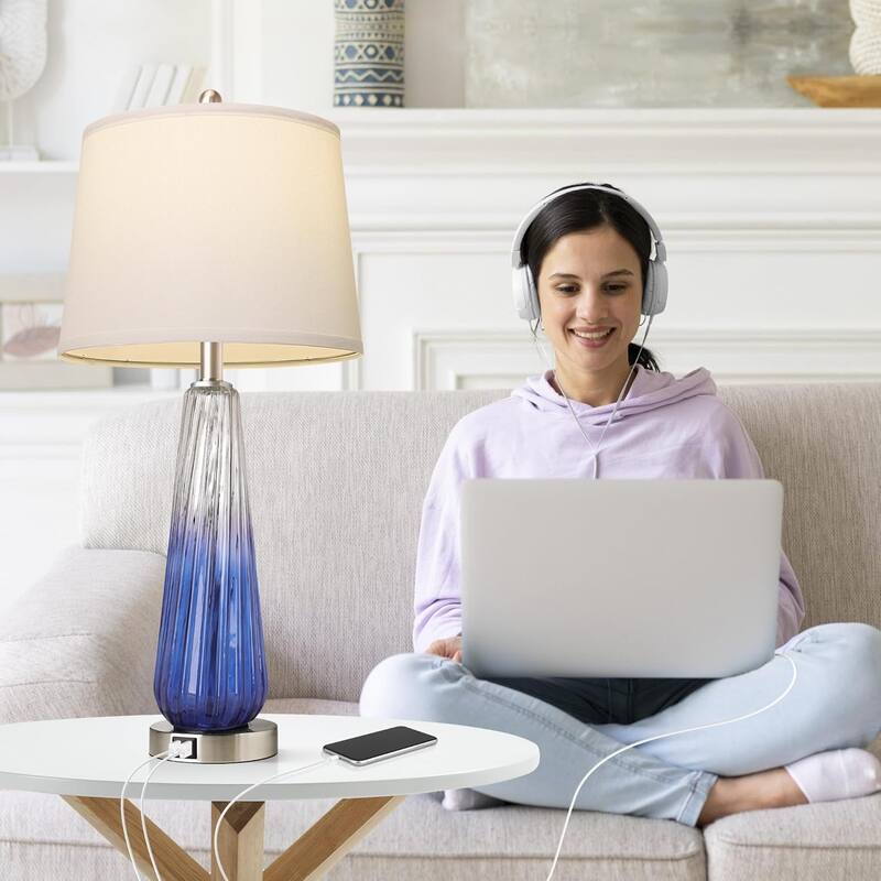27.5" Table Lamps Set of 2 with Touch Control, 3-Way Dimmable Modern Glass Bedside Lamps with USB A+C Ports, Fabric Shade