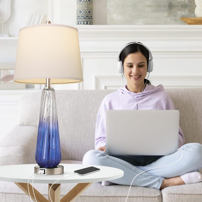 3-Way Dimmable Modern Glass Bedside Lamps with USB Ports Set of 2