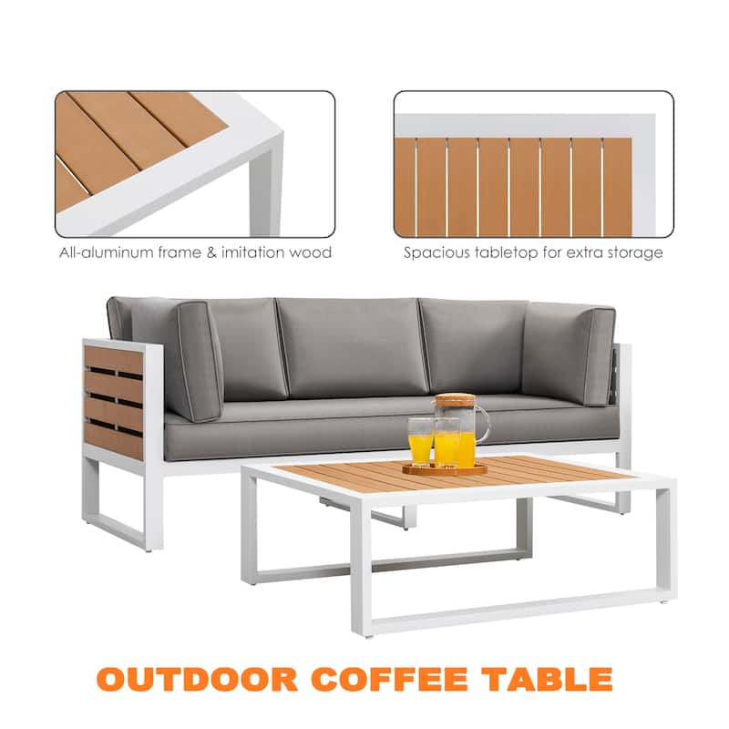 Outdoor Rectangle Coffee Table, All-aluminum Frame, Imitation Wood Tabletop