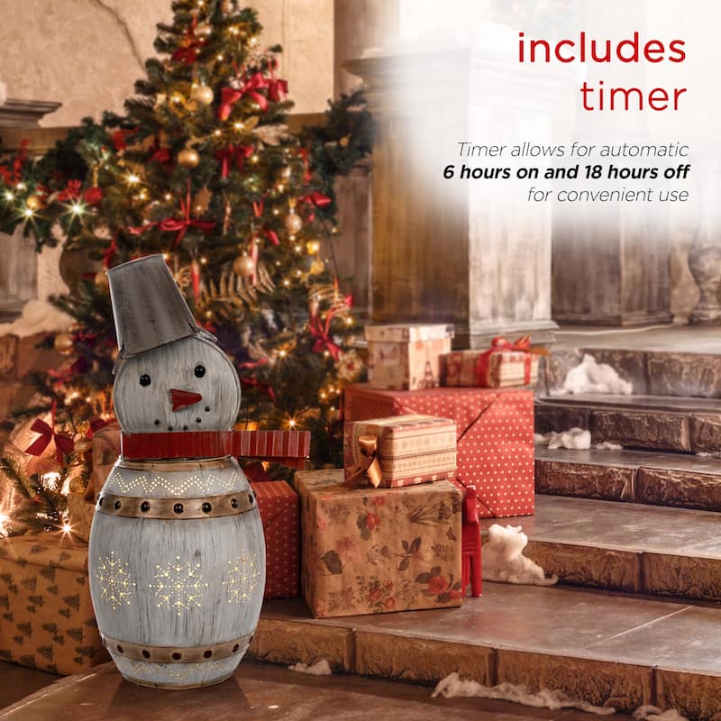 Alpine Corporation 30"H Indoor/Outdoor Metal Barrel Snowman Christmas Holiday Decoration with LED Lights - Silver