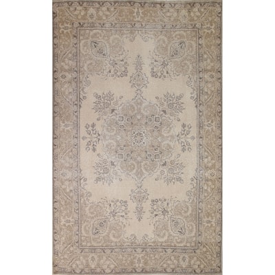 Distressed Ivory Tabriz Persian Vintage Rug Hand-knotted Wool Carpet - 6'6" x 9'5"