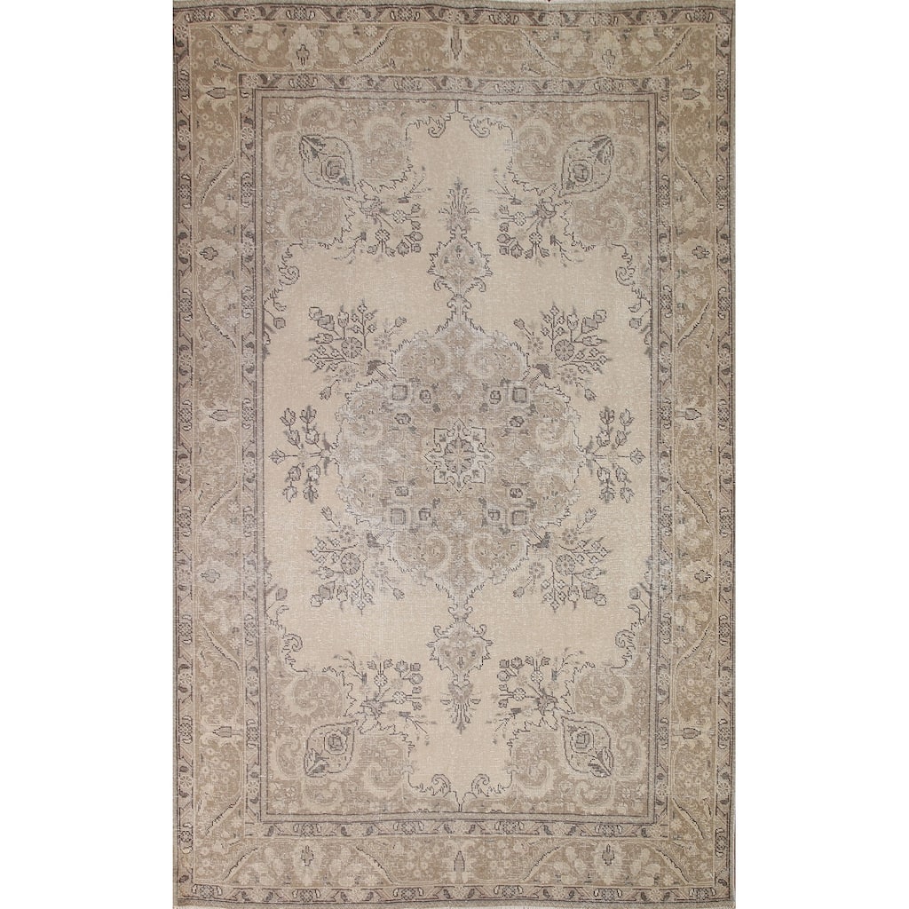 Distressed Ivory Tabriz Persian Vintage Rug Hand-knotted Wool Carpet - 6'6" x 9'5"