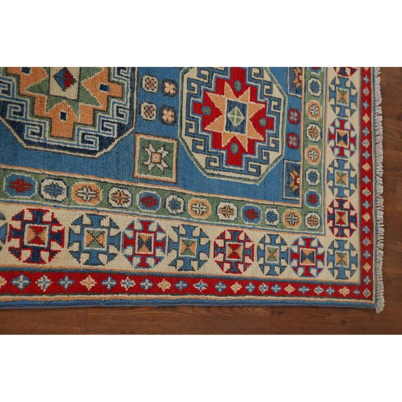 Blue Geometric Kazak Runner Rug Hand-Knotted Oriental Wool Carpet - 2'8" x 9'6"