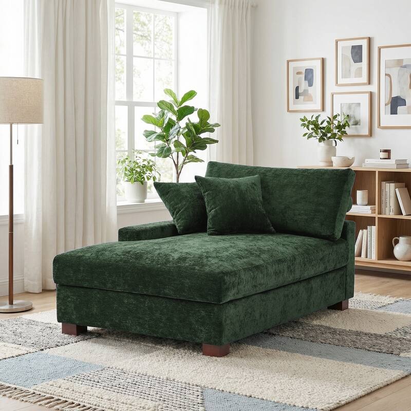 Oversized Chenille Modular Chaise Lounge With Deep Seat - Left facing - Green