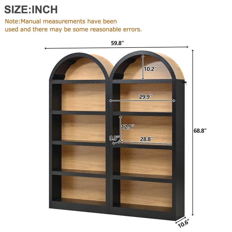 Farmhouse Tall Bookshelves Set of 2, Two Tone Arched Open Bookcase with Fabric Top, 5 Tier Storage Cabinet