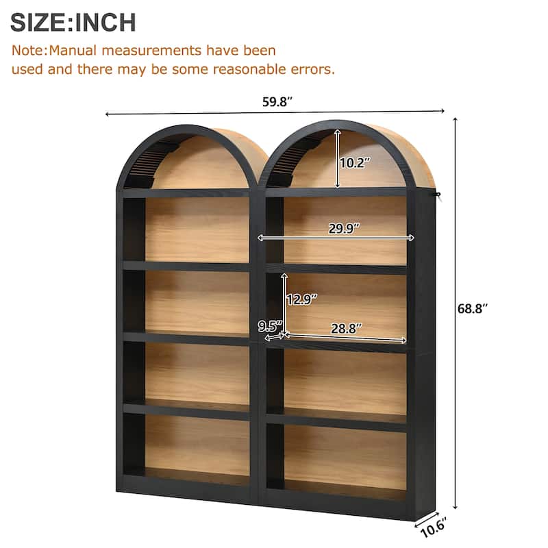 Freestanding Tall Bookshelves Set of 2, Farmhouse Two-Tone Open Storage Cabinet with Fabric Arched Top, 5-Tier Display Bookcase