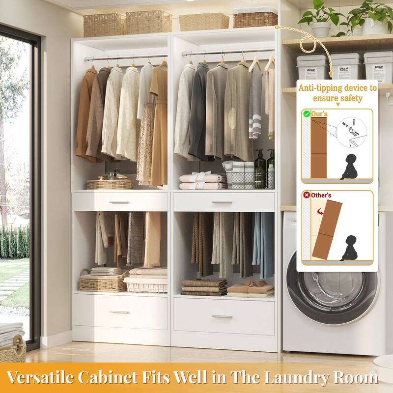 Qvella 23.6'' W Closet System with Hanging Rods and Wooden Drawers, Modular Walk-In Closet Organizer with Pants Rack
