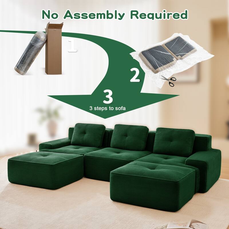 Roomfitters No Assembly Modular Sofa, 117 Inch Corduroy 3-Seater with Piping, Green