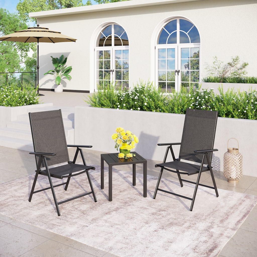 3-Piece Metal Patio Dining Set, 1 Square Table and 2 Folding Sling Chairs
