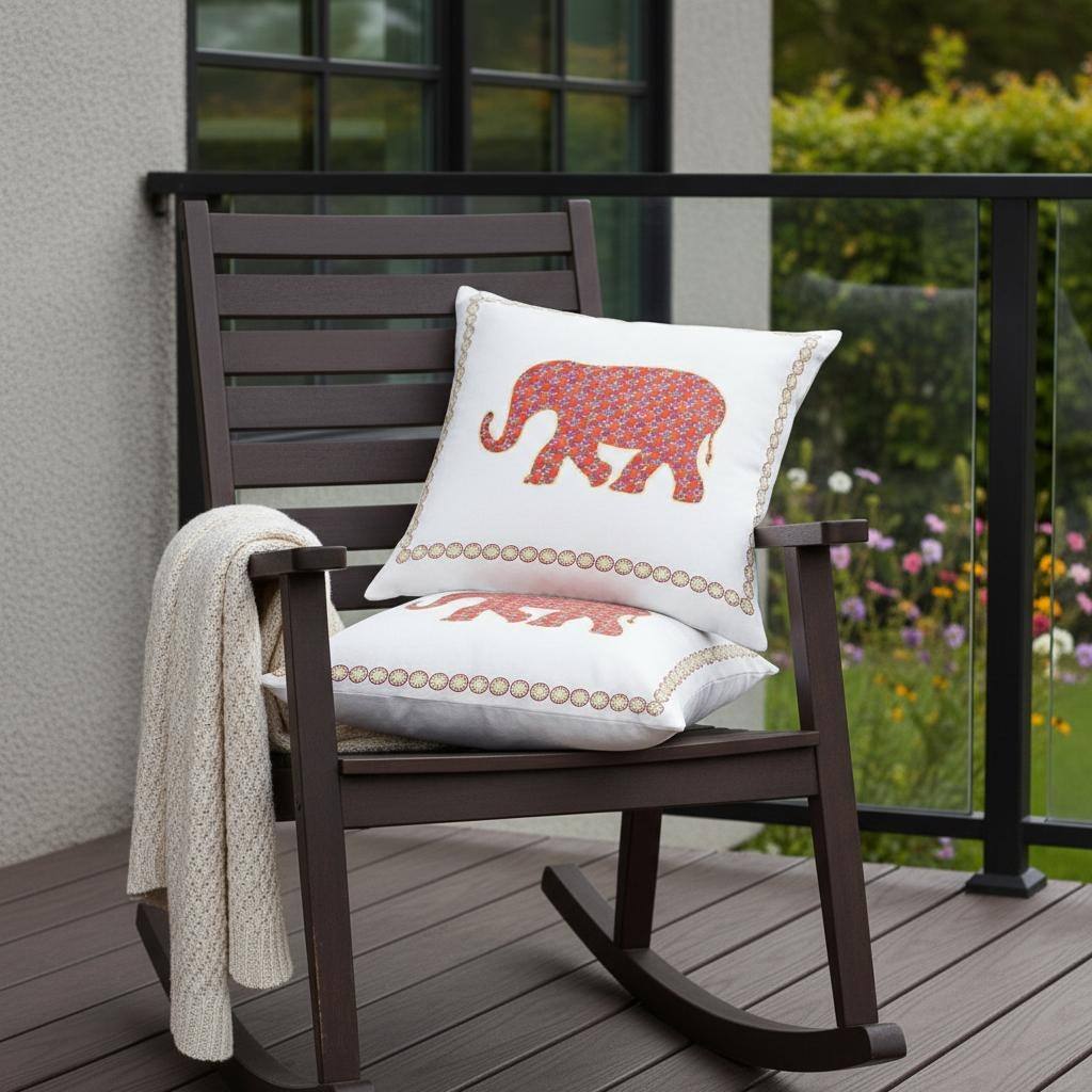 HomeRoots Set of Two 16" X 16" Orange and White Elephant Blown Seam Animal Print Indoor Outdoor Throw Pillow