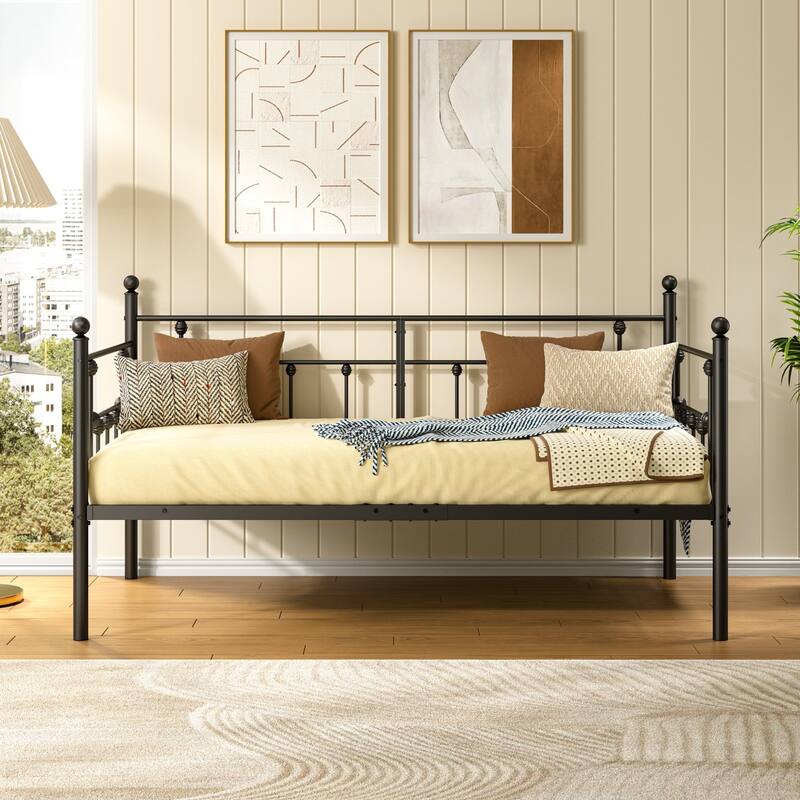 VECELO Roman Column Daybed 79" Iron Frame Space Saving Daybed Set with Rolling Trundle for Guest Teen Room Black or White