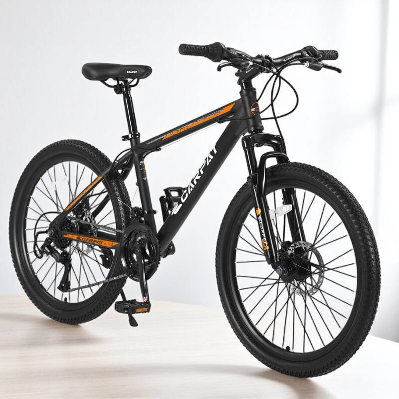 26" Mountain Bike, Shimano 21-Speed with Mechanical Disc Brakes, High-Carbon Steel Frame, Suspension MTB Bicycle - Orange+black