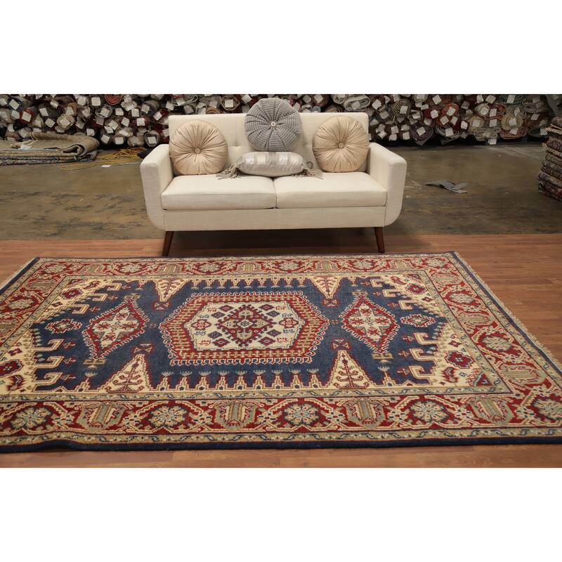 Hand Knotted Oriental 100% Wool Carpet Traditional Geometric Navy Blue & Blues Viss Area Rug - 8' 10'' X 5' 11''