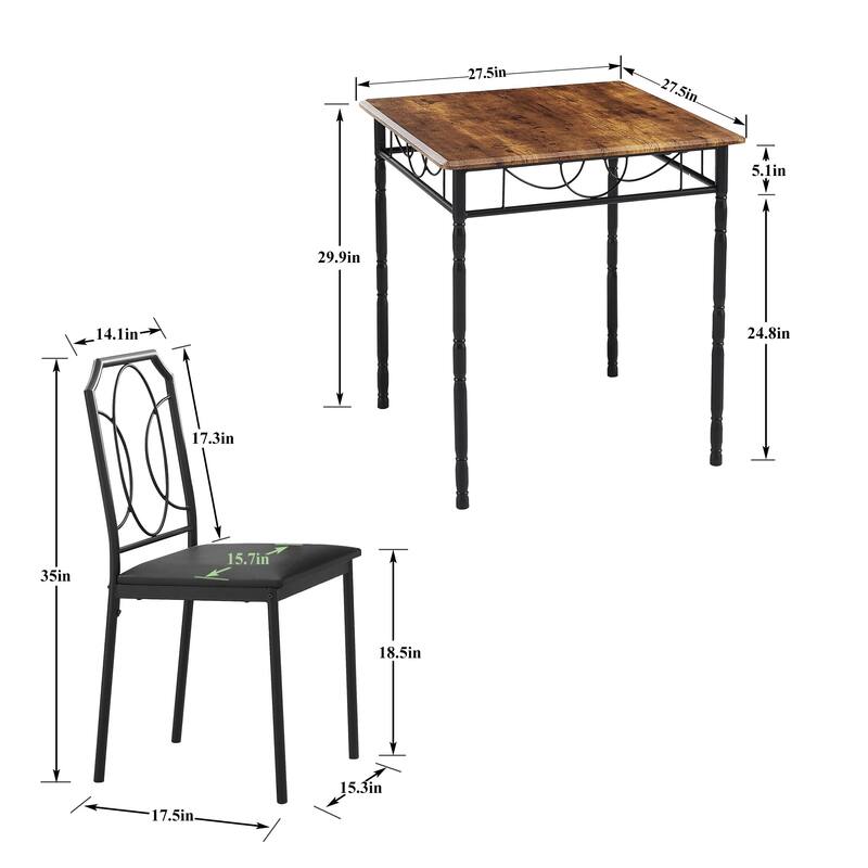 VECELO Industrial 3-Piece Space-Saving Square Dining Set MDF Table with Black PU Leather Dining Chairs Small Spaces