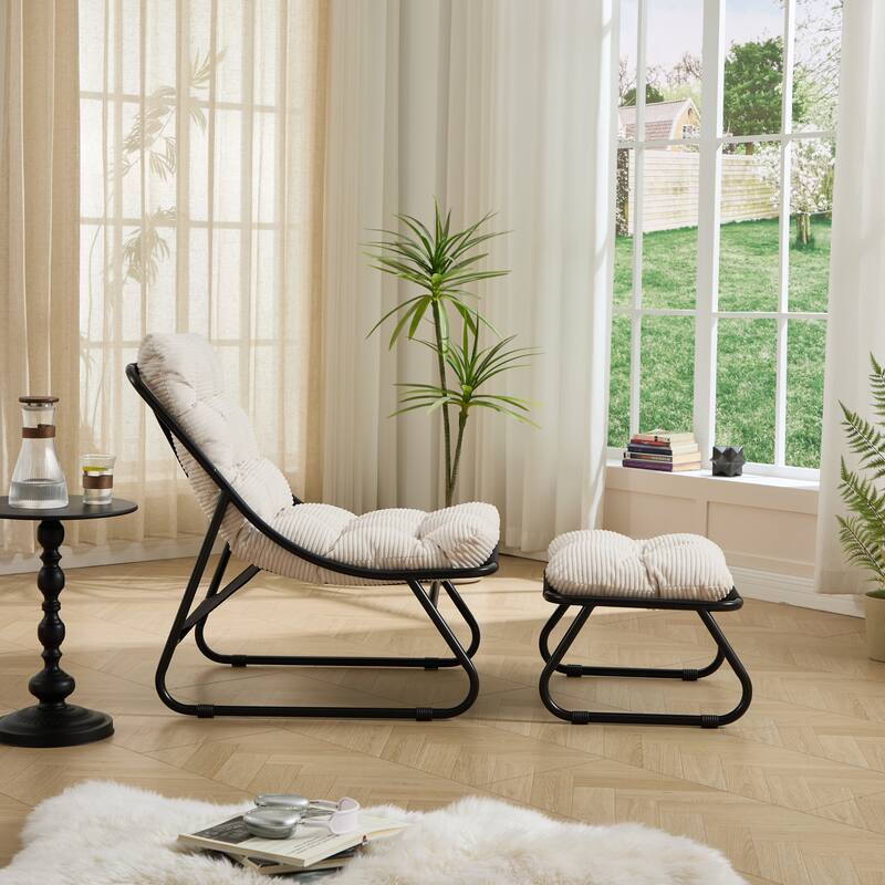Patio Outdoor Lounge Chair with Ottoman, Comfy Sling Recliner Chair with Puffy Cushion and Foot Stool for Living Room