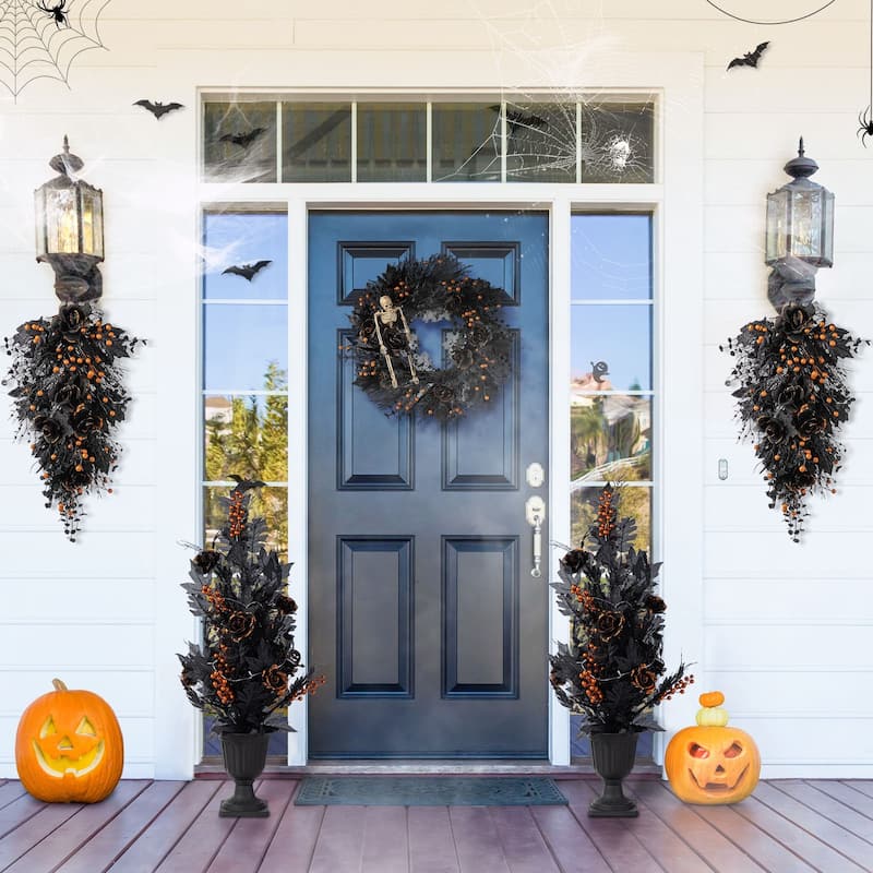 Glitzhome 36"H Halloween Lighted Black Rose Urn Porch Tree with Timer - 5PK Wreath & Swags & Trees