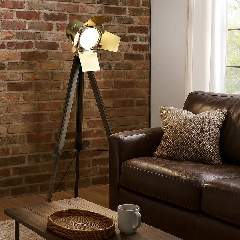 55 Inch Floor Lamp with Tripod Legs, Spotlight Design, Wood, Black Finish