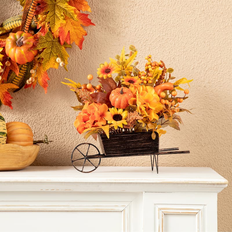 Glitzhome 14"L Fall Floral sunflower Pumpkins/ Sorghum Cart Centerpiece Harvest Table Decor