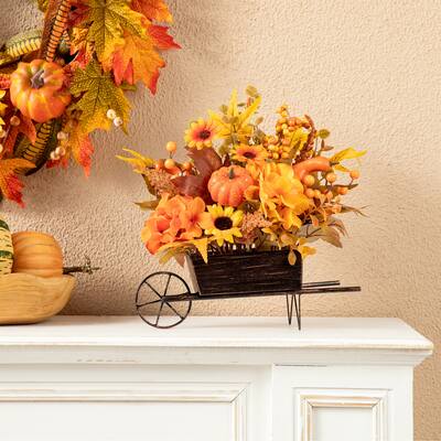 Glitzhome 14"L Fall Unique Floral Cart Centerpiece