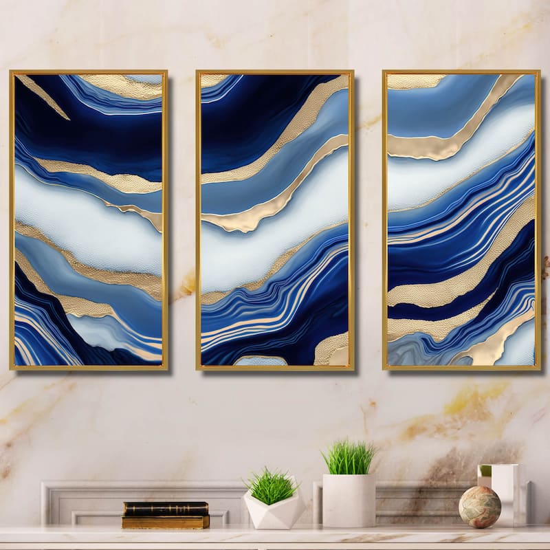 Designart "Vibrant Blue And Gold Flow Art III" Transitional Framed Canvas Art Print - 3 Panels - 36 in. wide x 28 in. high - 3 Panels - Gold