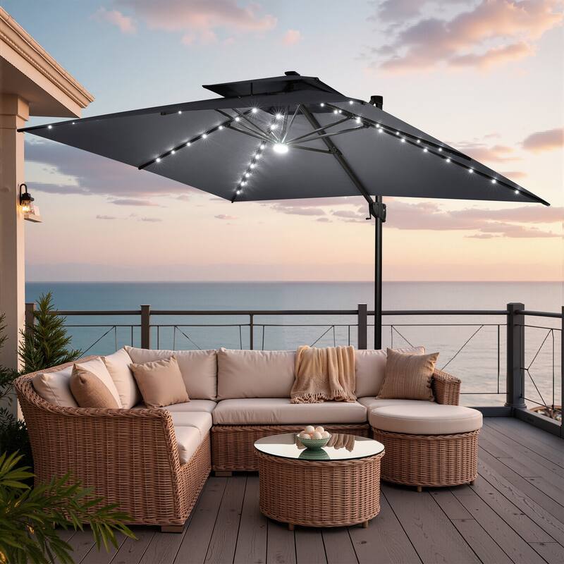10 FT x 13 FT Outdoor LED Lighted Double Top Patio Cantilever Umbrella