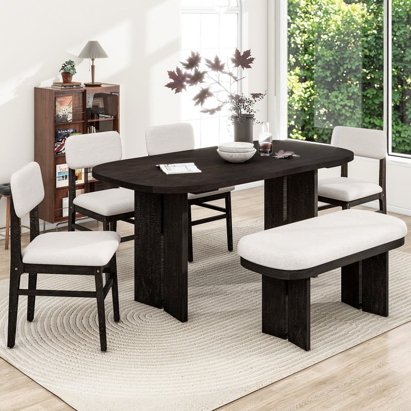 Farmhouse 6-Piece Dining Table Set, Solid Wood Dining Table and 4 Upholstered Chairs & 1 Bench - Espresso
