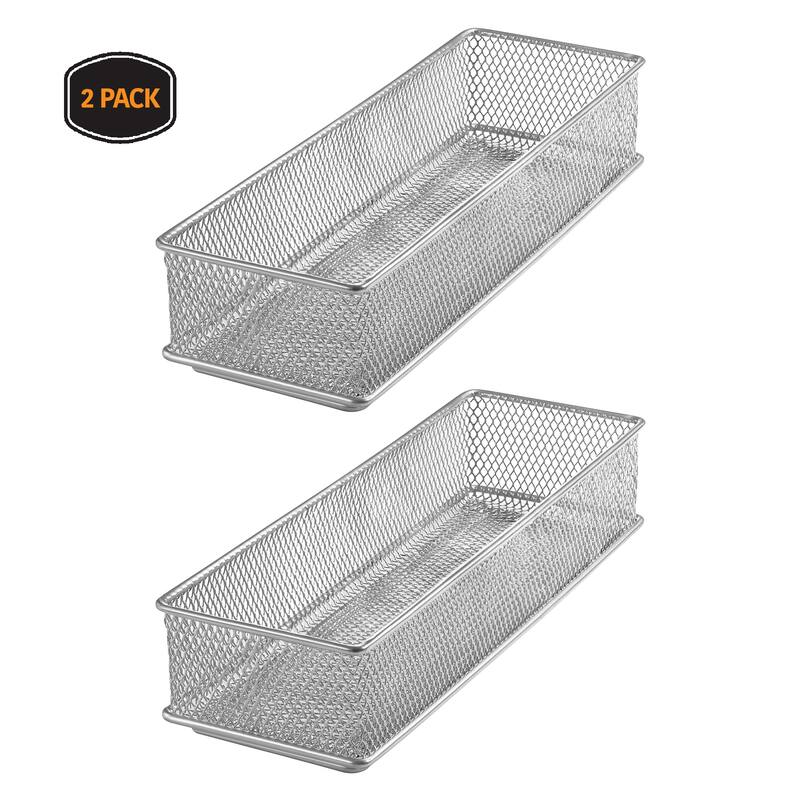 Silver Mesh Drawer Cabinet and or Shelf Organizer Bins, School Supply Holder Office Desktop Organizer Basket, Pack of 2 - 3x9x2
