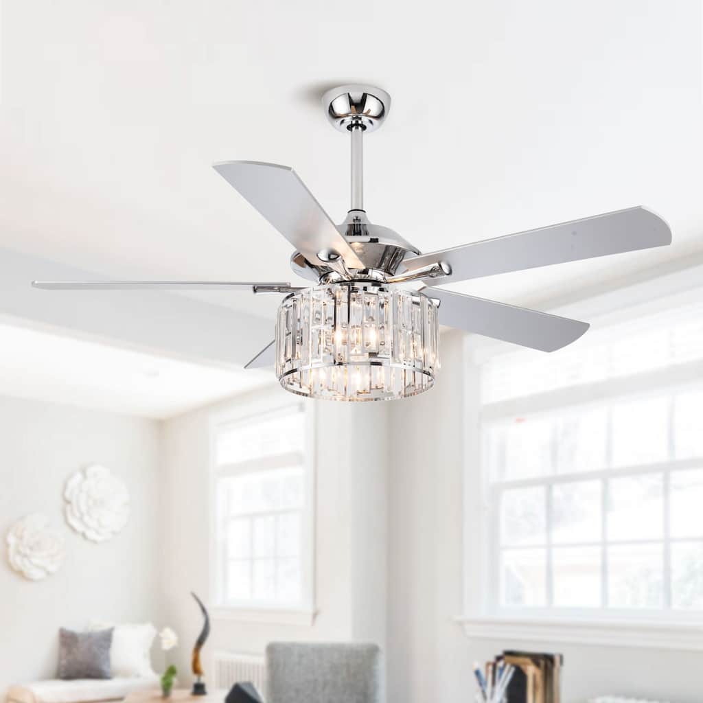 52" Modern Chrome Reversible 5-Blade Crystal Ceiling Fan with Remote