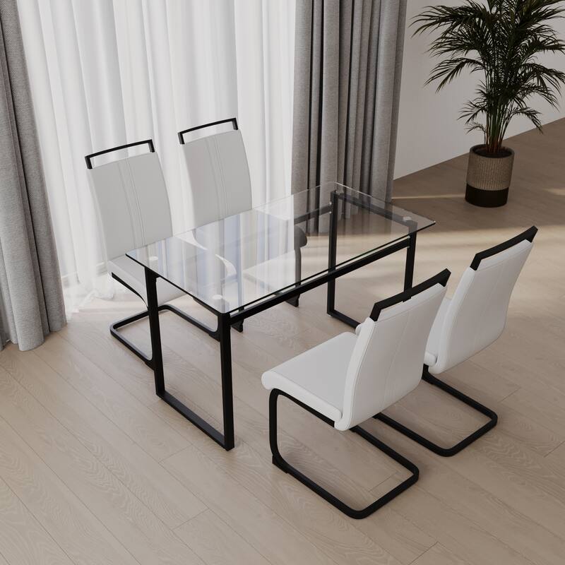 Glass 5-Piece Dining Table Set with 4 PU Upholstered Chairs