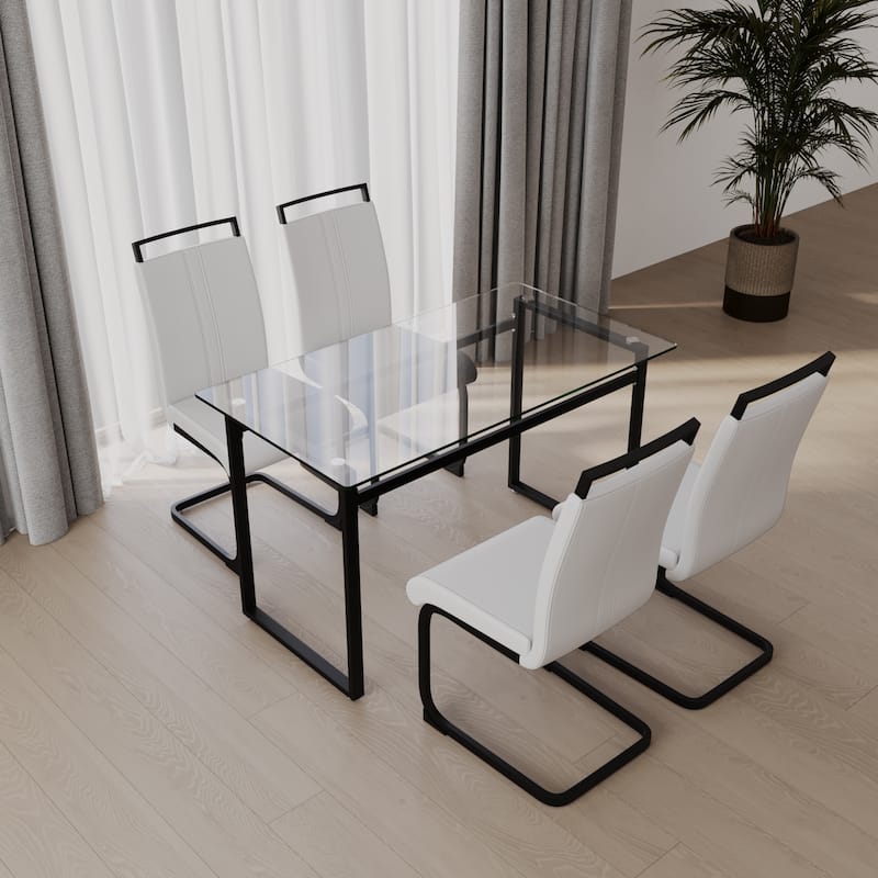 Modern 5-Piece Dining Set with Rectangular Glass Table & High Back Metal C-shaped Tube Chairs