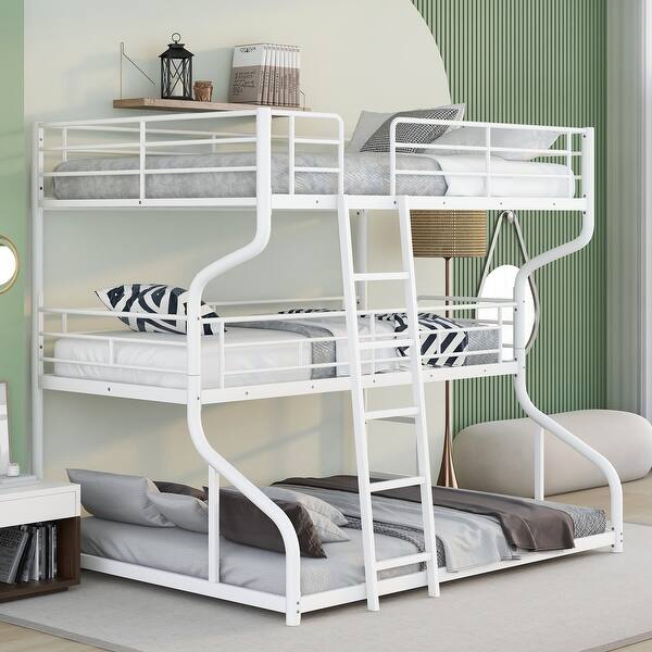 slide 2 of 25, Industrial Concise Style Full XL over Twin XL over Queen Size Triple Bunk Bed,Metal Bed with Two Size Ladder on Each Side White