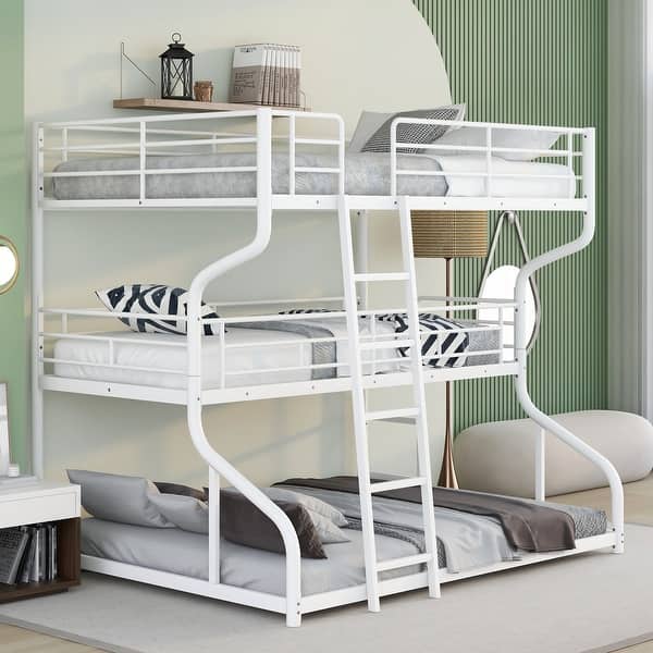 slide 2 of 6, White Full XL over Twin XL over Queen Metal Triple Bunk Bed with Guardrail, Angled Ladder White