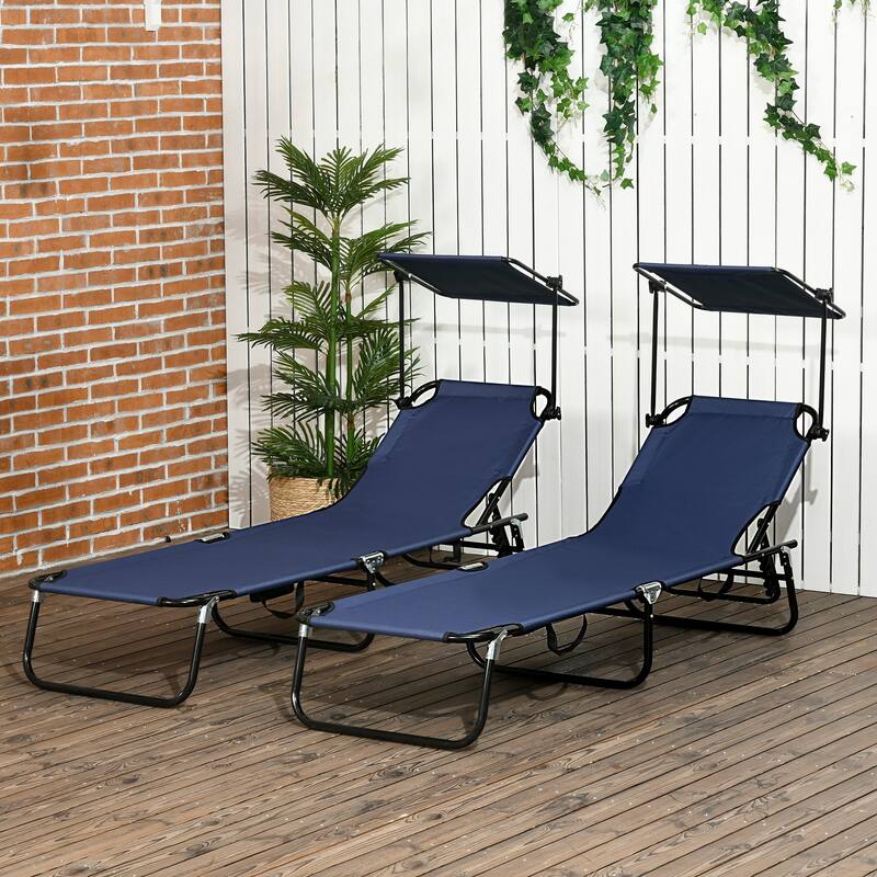Outdoor Folding Recliner with Side Pocket and Awning