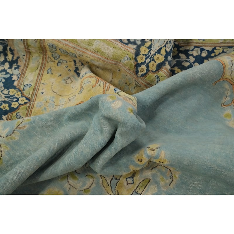 Hand Knotted Oriental 100% Wool Carpet Traditional Floral Navy Blue & Blues Kerman Area Rug - 10' 1'' X 7' 4''