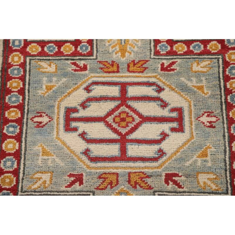 Geometric Kazak Runner Rug Hand-Knotted Wool Carpet - 2'8" x 13'6"