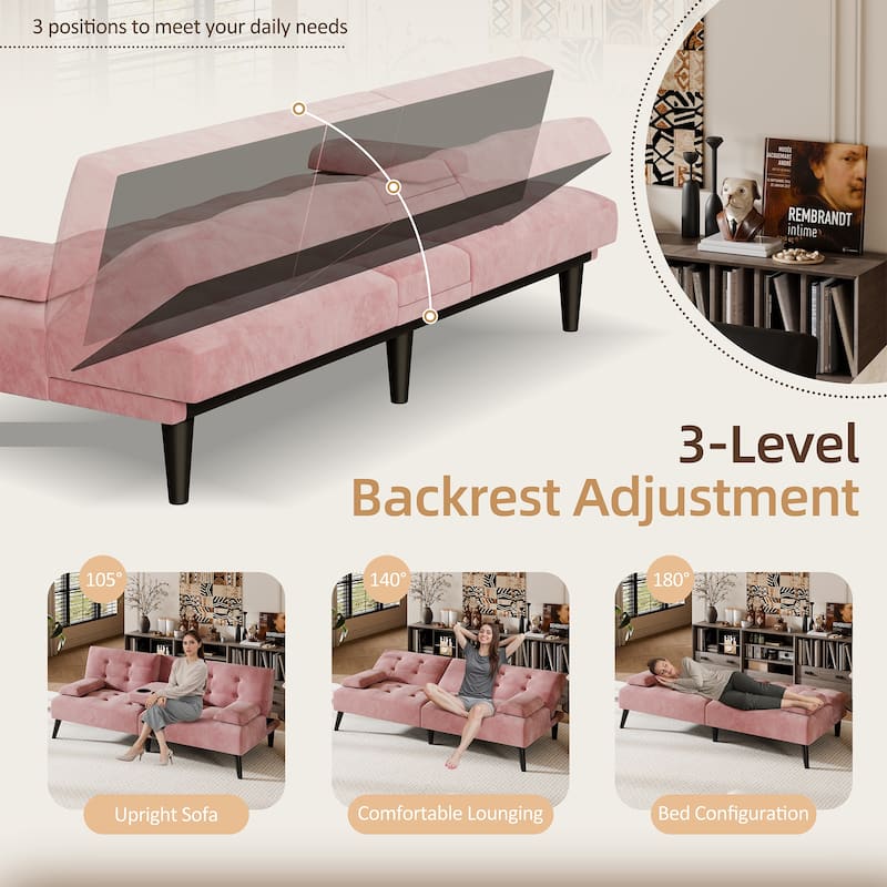 3-in-1 Convertible Sofa Bed with Folding Cup Holders & Adjustable Backrest – Modern Futon with Removable Armrests