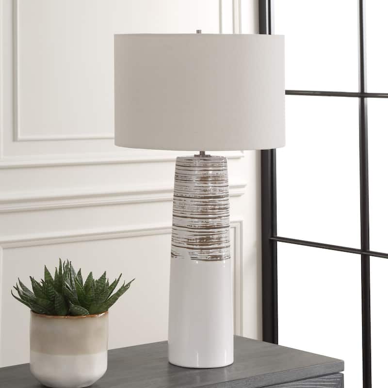 Glazed and Ribbed Table Lamp with Drum Shade - 29.5" - White and Beige