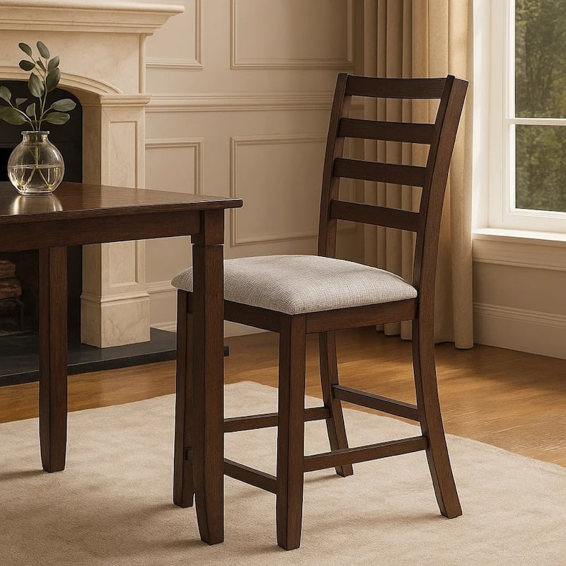 Rosanna Counter Height Chairs, Set of 2, White Fabric Foam Seat, Walnut Brown Wood