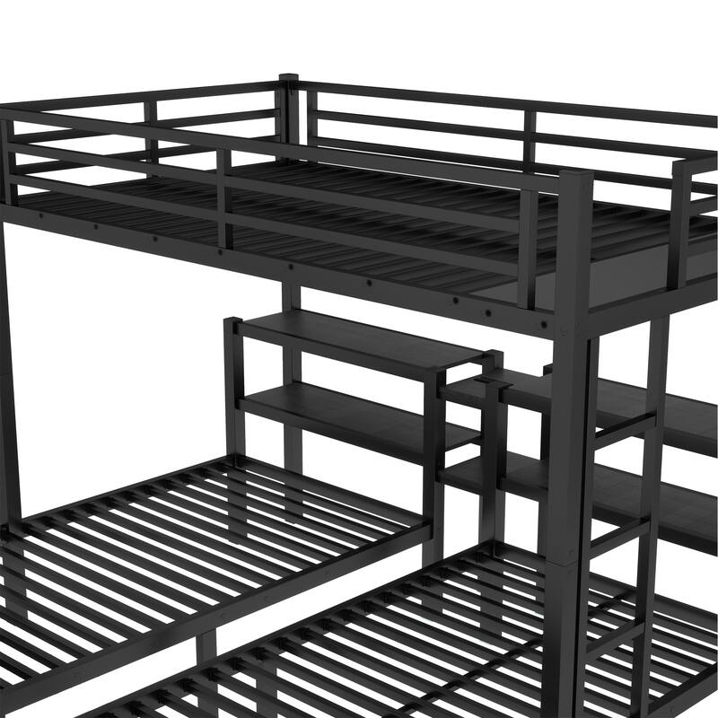 Roomfitters Full XL over Twin & Twin Triple Bunk Bed with Drawers, Metal Frame with USB and Shelves, Black