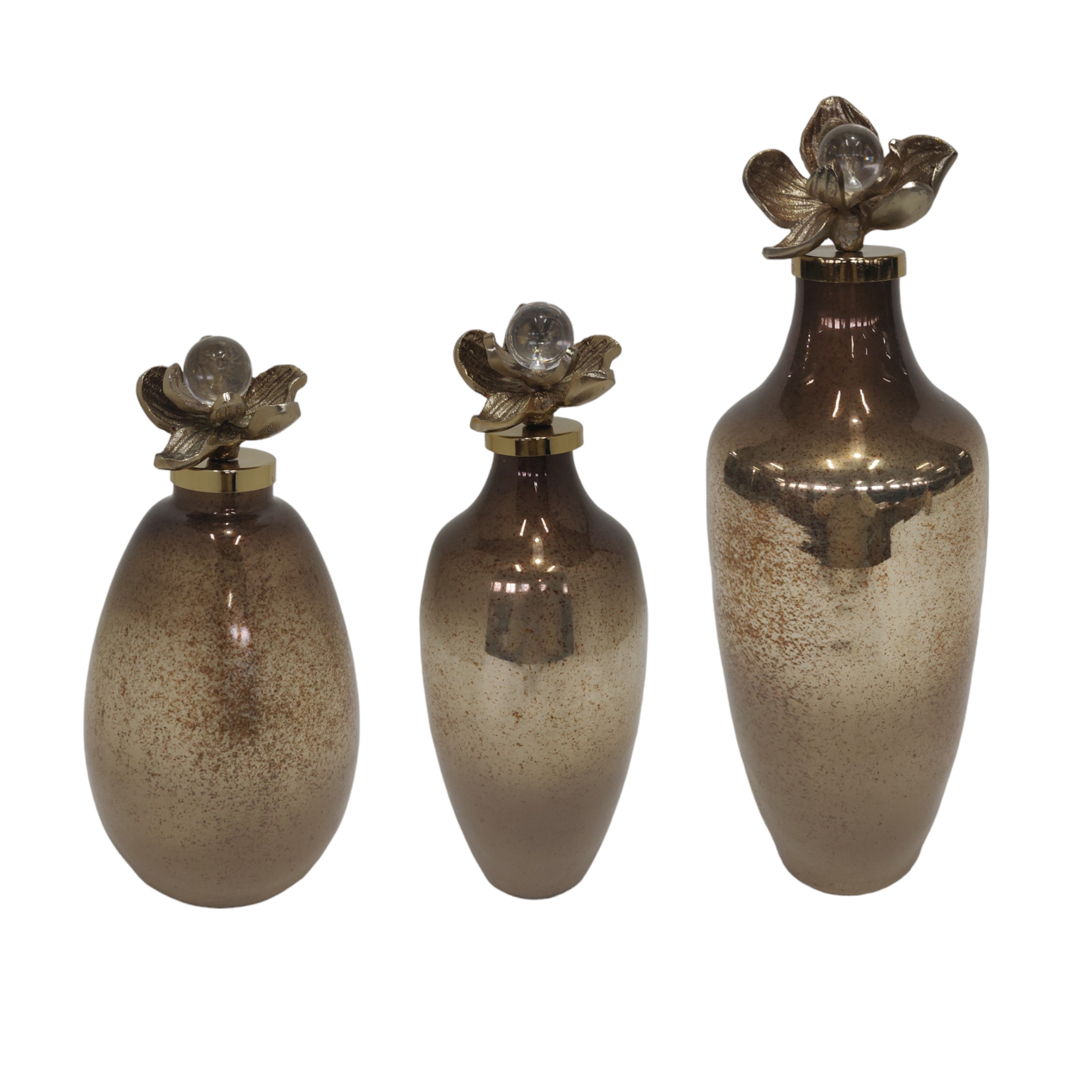 Sagebrook Home Quincy Glass Bottles with Metal Flower Topper (Set of 3)