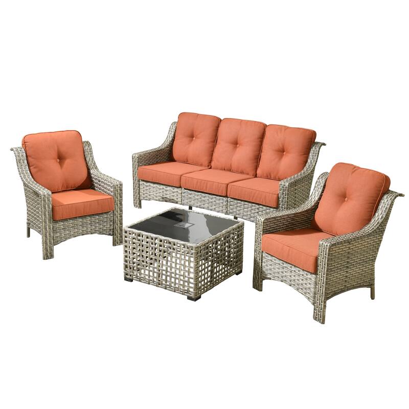 HOOOOWOOO 5-piece Wicker Rattan Patio Outdoor Furniture Ergonomic Conversation Set with Coffee Table