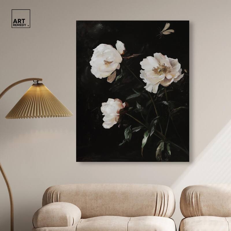 White Peony Nocturne Canvas by Art Remedy, Gallery Wrapped
