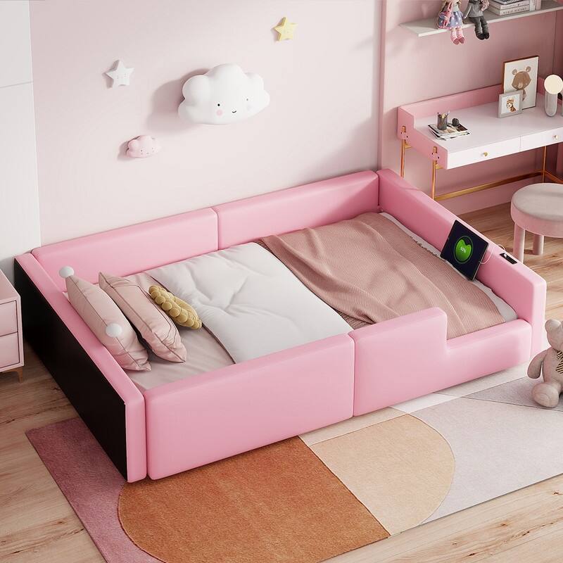 Twin Size Upholstered Platform Bed with Guardrail and Charging Station