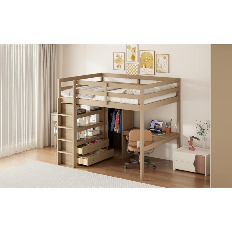 Full Size Loft Bed with Wardrobe, Desk, Shelves, and Drawers in Walnut Finish