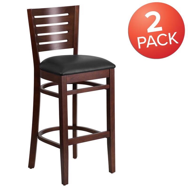 2 Pk. Darby Series Slat Back Wooden Restaurant Barstool - 16.75"W x 18"D x 43.5"H - 16.75"W x 18"D x 43.5"H - Black Vinyl Seat/ Walnut Wood Frame