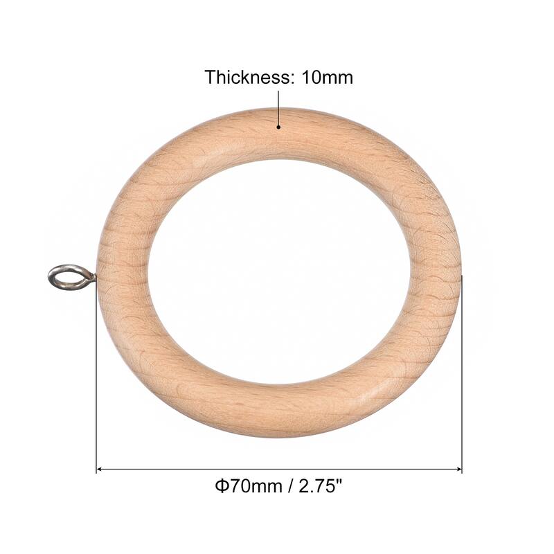 6Pcs 2.75" Wooden Curtain Drapery Rings Hook for Curtain Drapery Rod - Natural - 70mm x 10mm