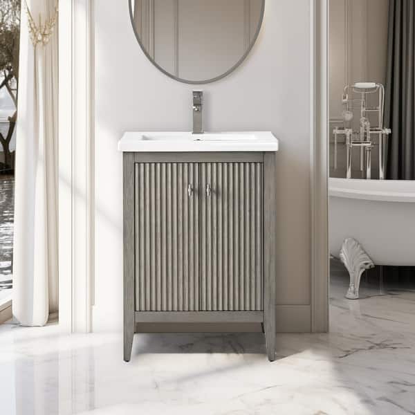 Vanity Art 24 in. W x 18.5 in D x 34 in. H Single Sink Bathroom Vanity Cabinet in Driftwood Gray with Ceramic Top in White