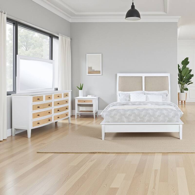 Heo 4pc Queen Bedroom Set, Rattan Woven Drawer, Brown Fabric, White