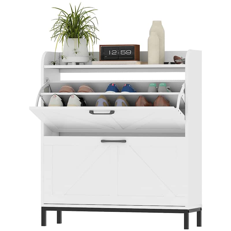 12-Pair Space-Saving Shoe Storage Cabinet with Adjustable Dividers and Flip Drawers Anti-Tip - 29.5" W x 9.4" D x 37" H